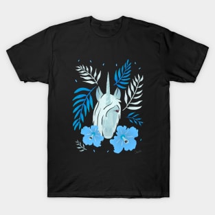 Unicorn and Blue Hibiscus Flower and Tropical Leaves T-Shirt